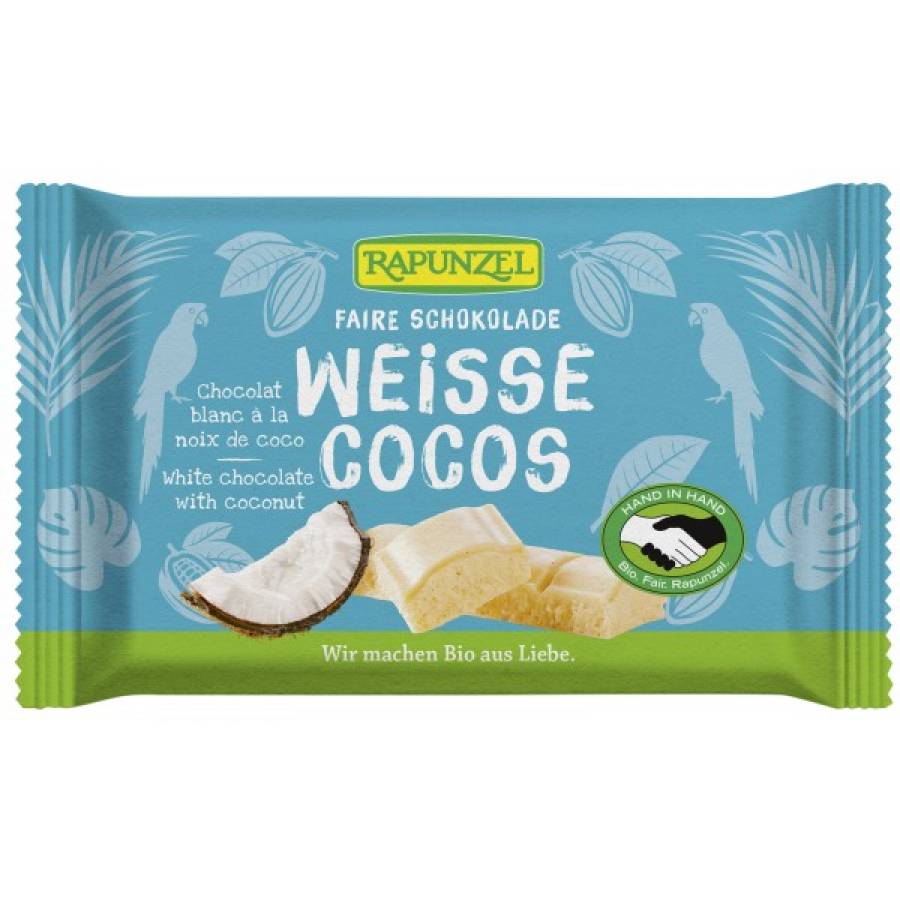 Ciocolata alba cu bucatele de cocos eco x 100g (RAPUNZEL)